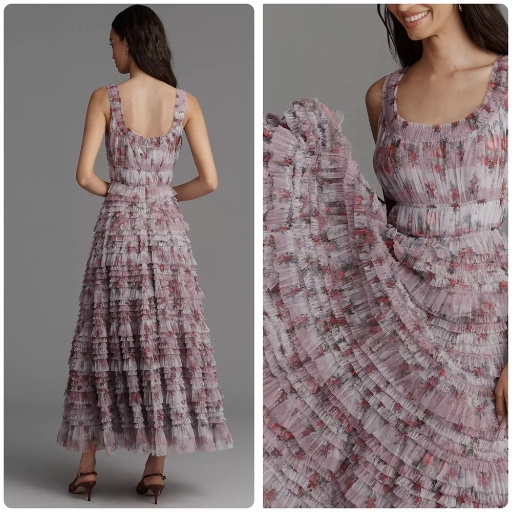 Anthropologie Mac Duggal size 2 Sleeveless Tiered Ruffle Floral Midi Dress - Picture 3 of 10